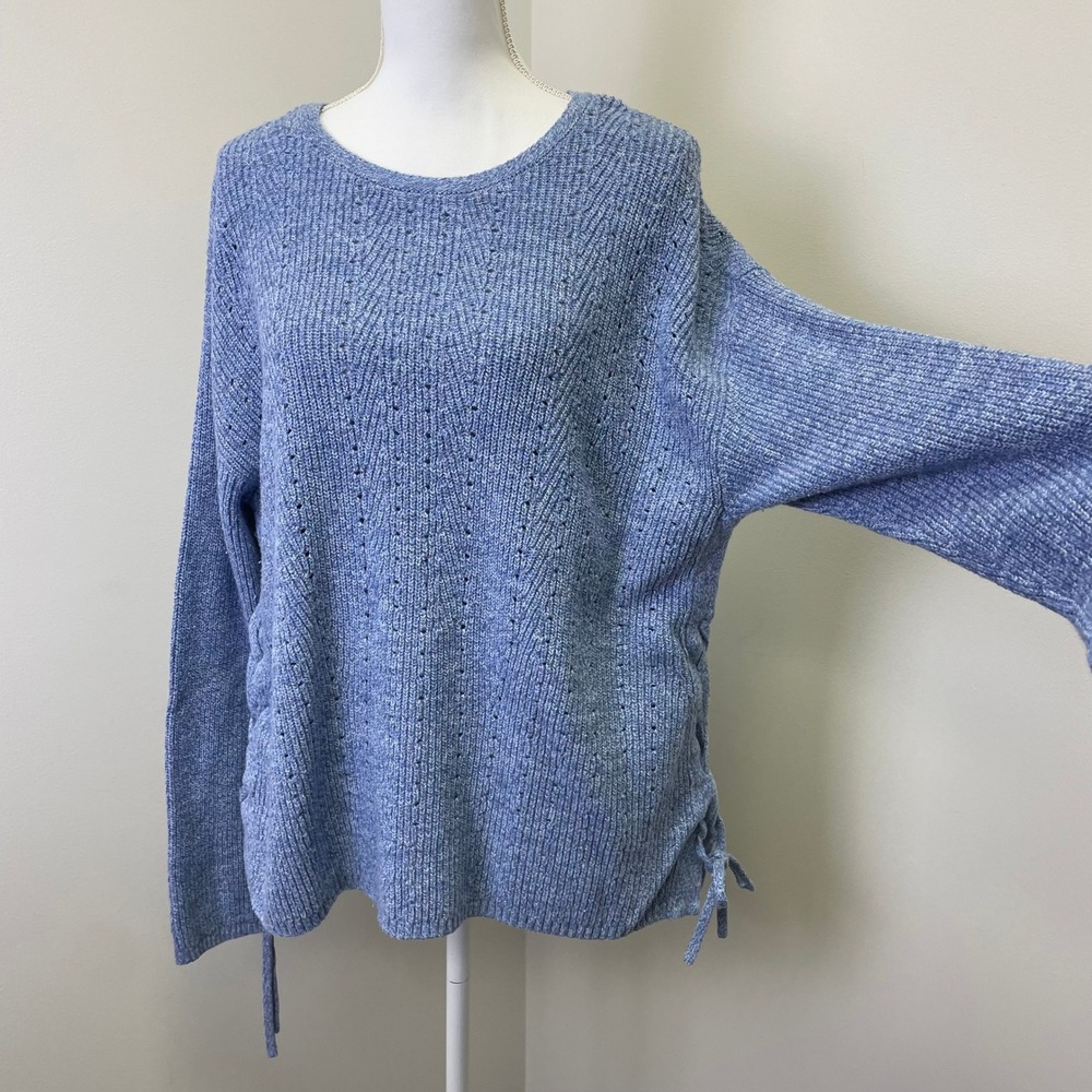 Talbots Blue Heather Pointelle Lace Up Side Pullover Sweater XL Cotton Blend - Picture 3 of 15